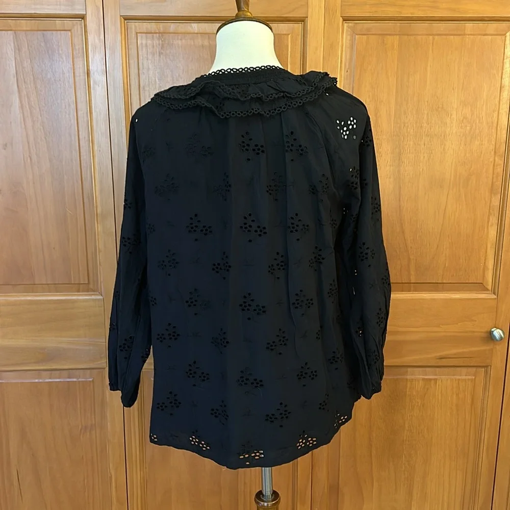 J Crew Black Eyelet Button Front Peasant Top NWT Size Medium